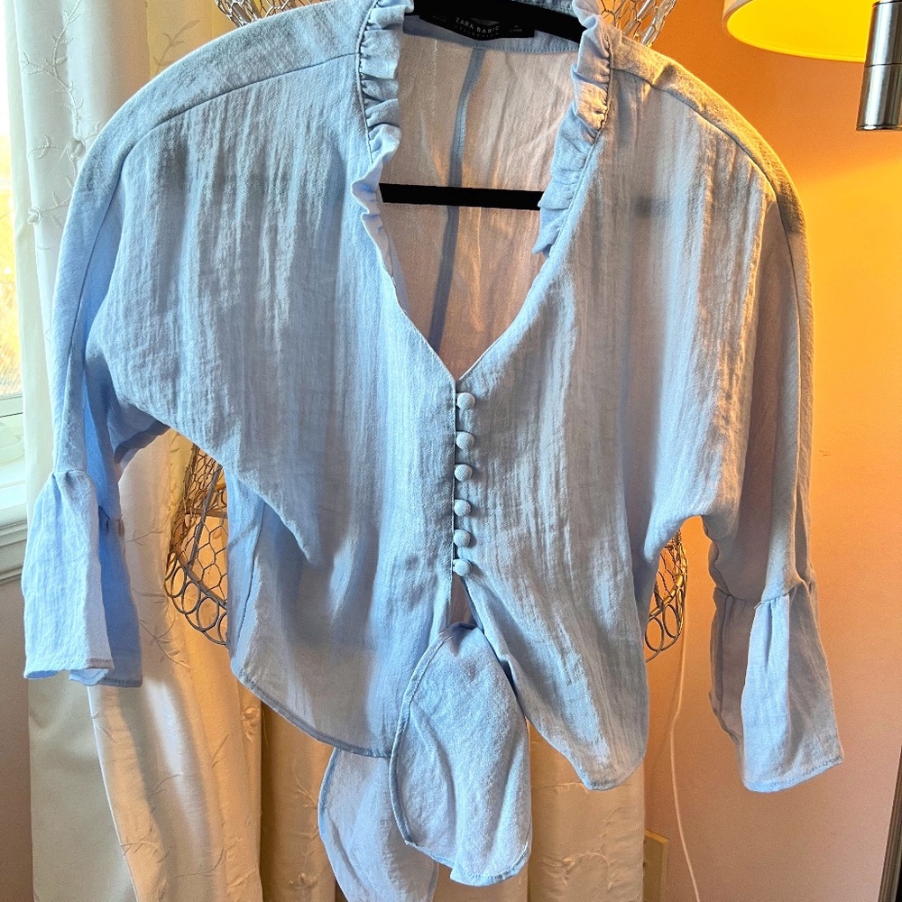 Zara Baby Blue Chiffon/Linen Blouse with front bow